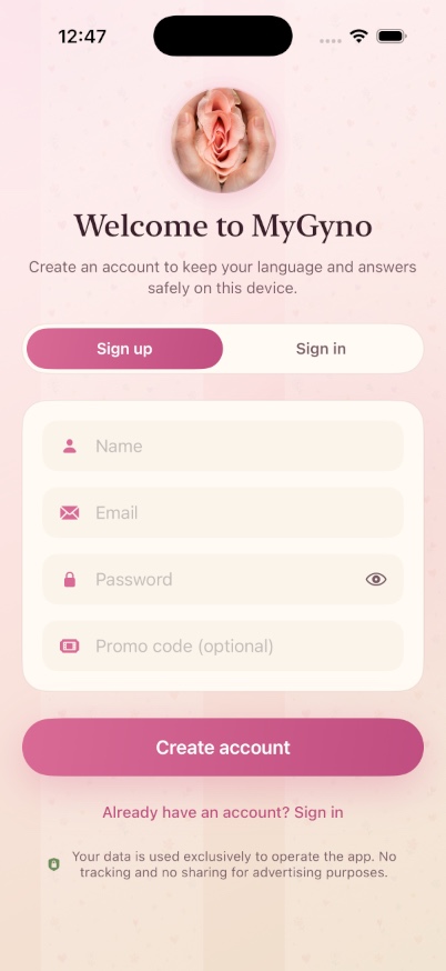 MyGyno app welcome screen on a phone
